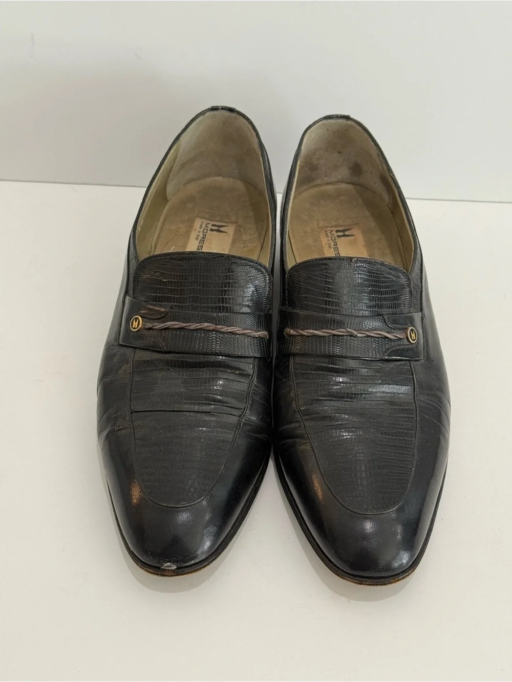 Vintage Moreschi Italian Black Lizard Leather Men's Slip-on Penny Loafers -8.5UK